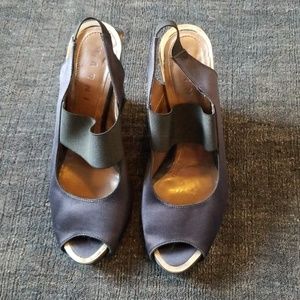 MARNI Dark Navy Satin + Lacquer Wedges 38